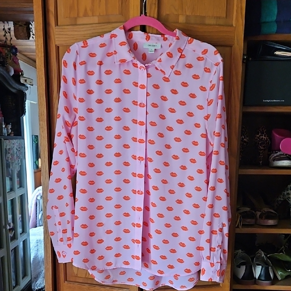 Pink Button-Up Shirt with Red Lip Print